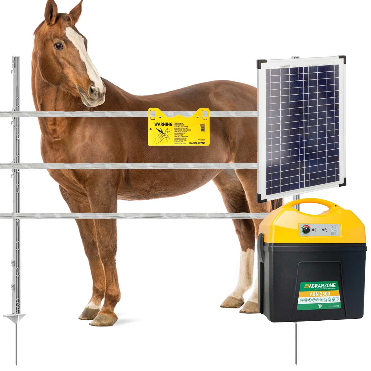 Kit recinto per cavalli fotovoltaico ABN2500 DUO 12V/230V 4J con batteria AGM, 90 paletti, nastro 1000m, pannello solare 25W