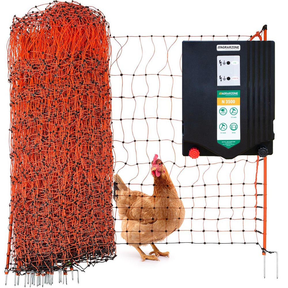 Agrarzone kit recinto per pollame N3500 230V, 5,5J, rete 50m x 112cm, arancione