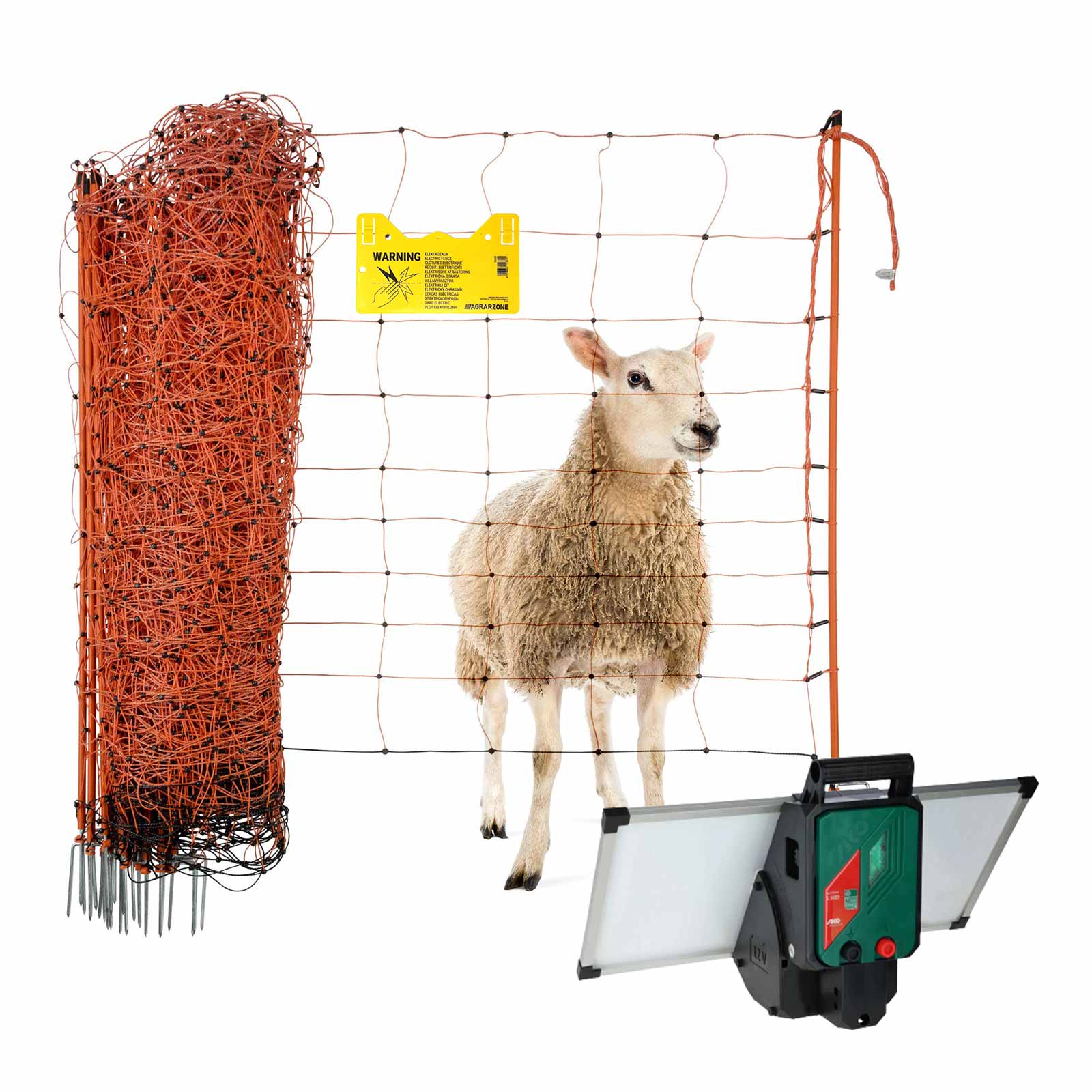 Agrarzone kit recinto elettrico per pecore Sun Power 3000 fotovoltaico 12V, 4,2J, rete 50m x 90cm, arancione-giallo