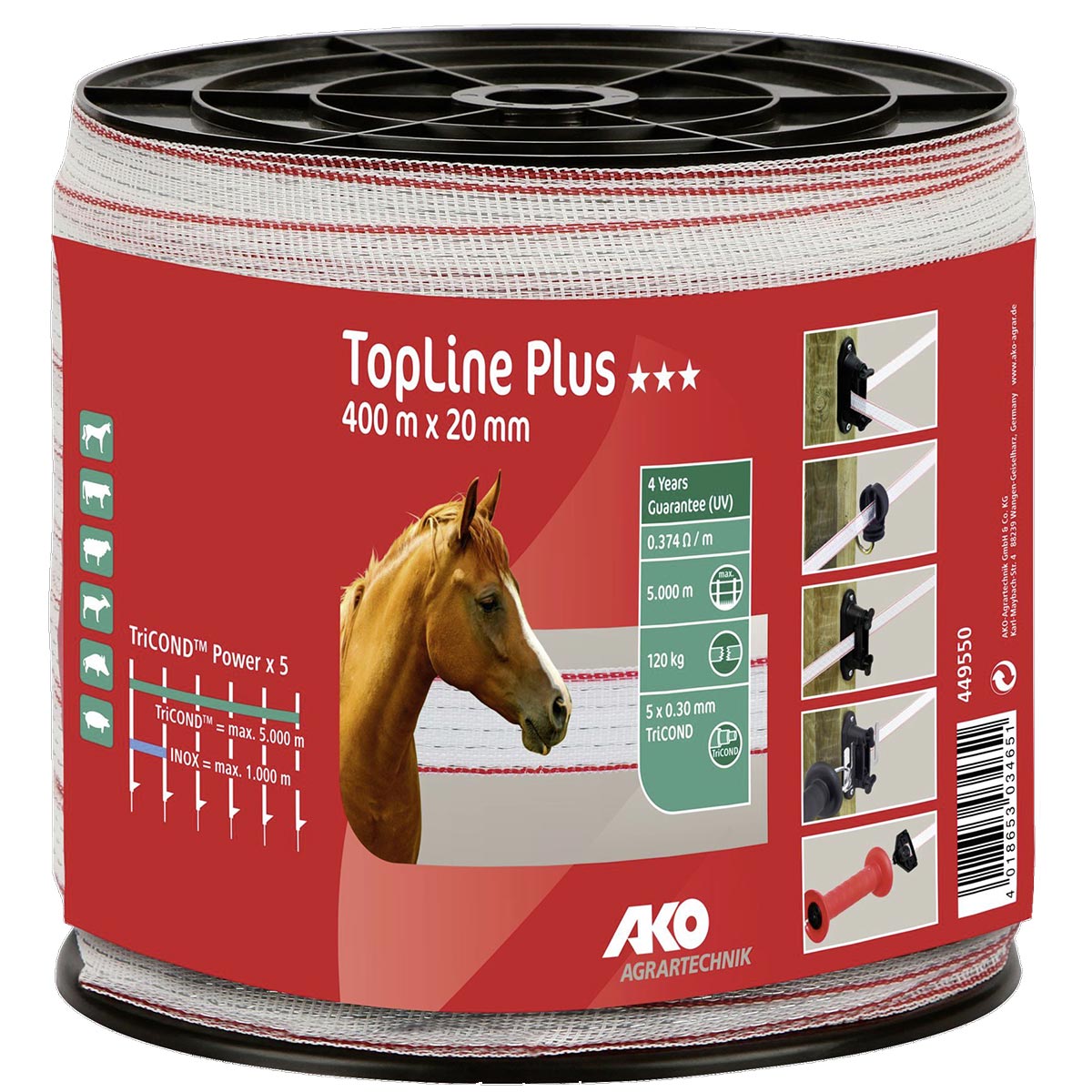 AKO Nastro per recinto elettrico TopLine Plus, 400 m, 20 mm, 5x0.30 TriCOND, bianco / rosso