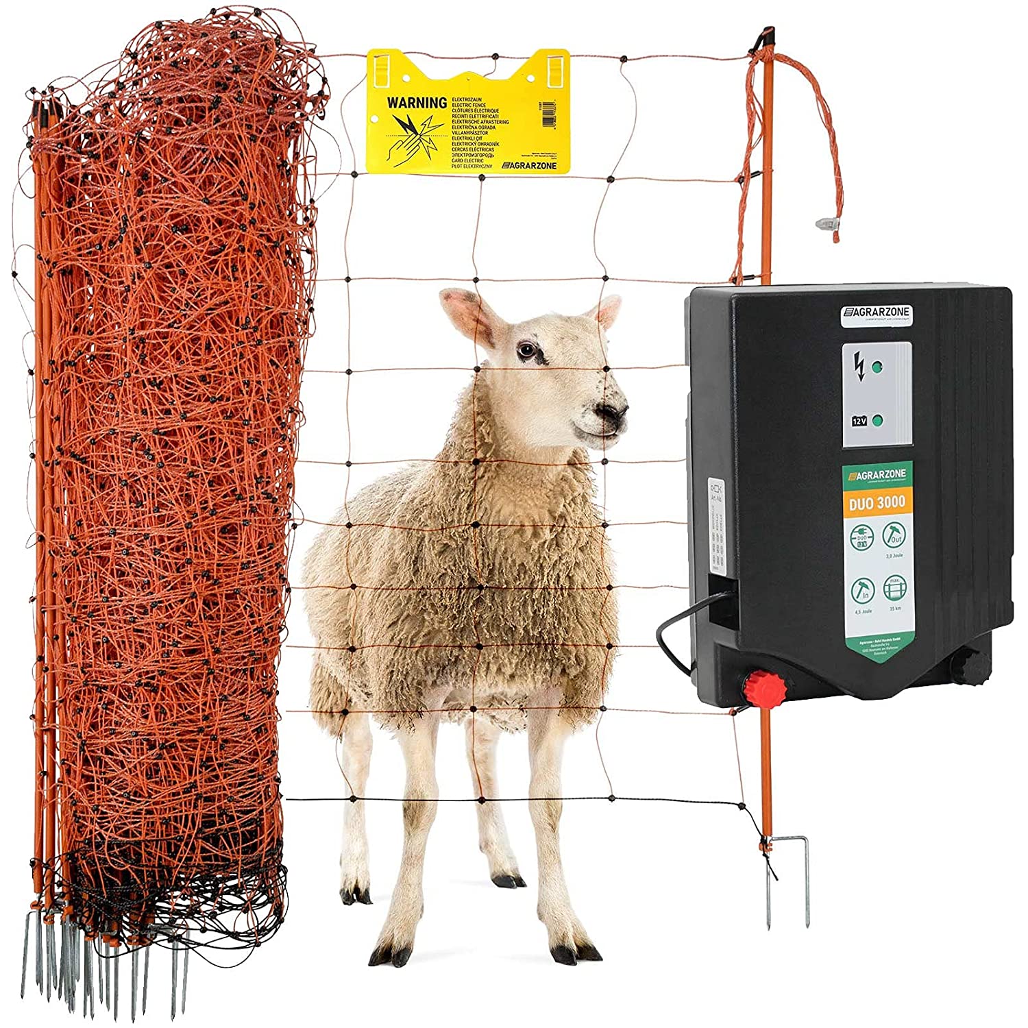 Agrarzone kit recinto elettrico per pecore Duo 3000 12V/230V, 4,5 J, rete 50 m x 90 cm