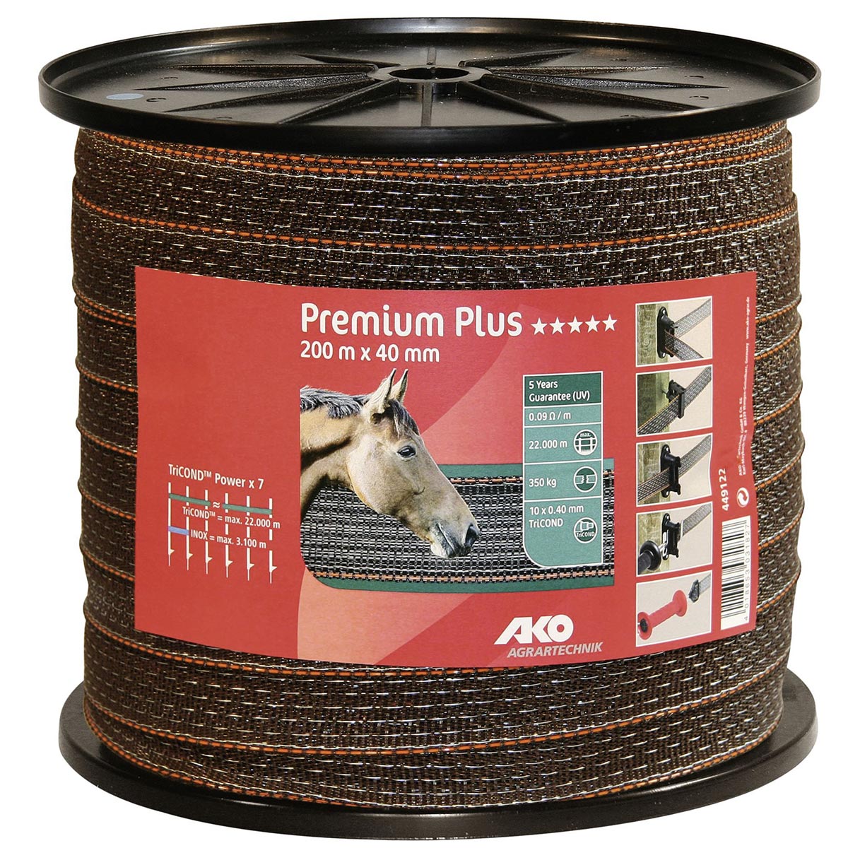 AKO Nastro per recinto elettrico Premium Plus 200m, 0.40 TriCOND, arancio / marrone 200 m x 40 mm