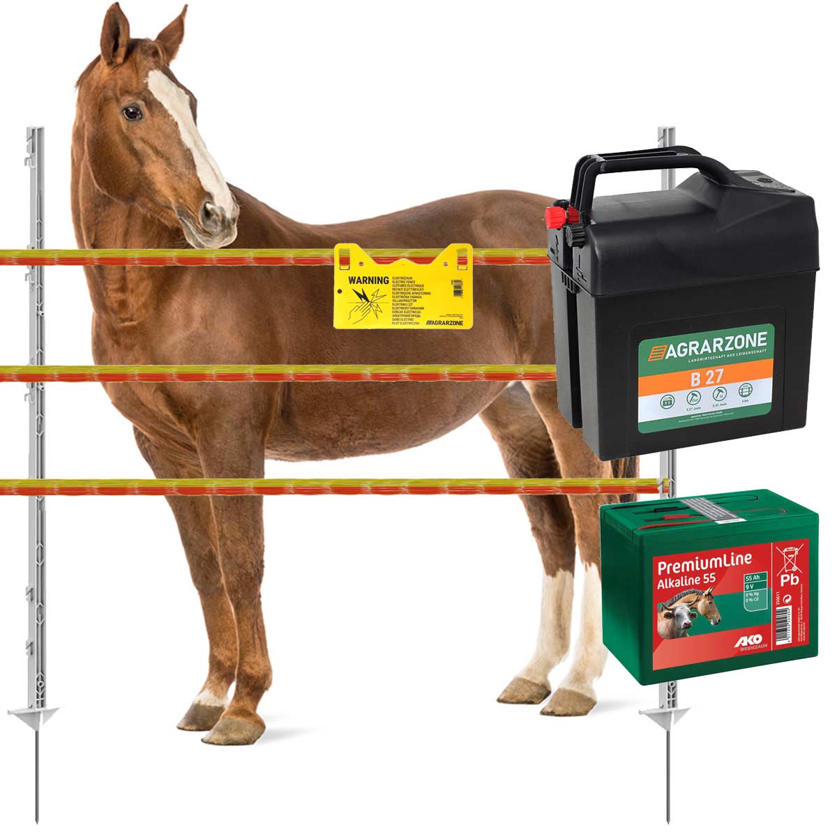 Agrarzone kit recinto elettrico per cavalli B27 a batteria 9V, 0,45J, nastro 250m